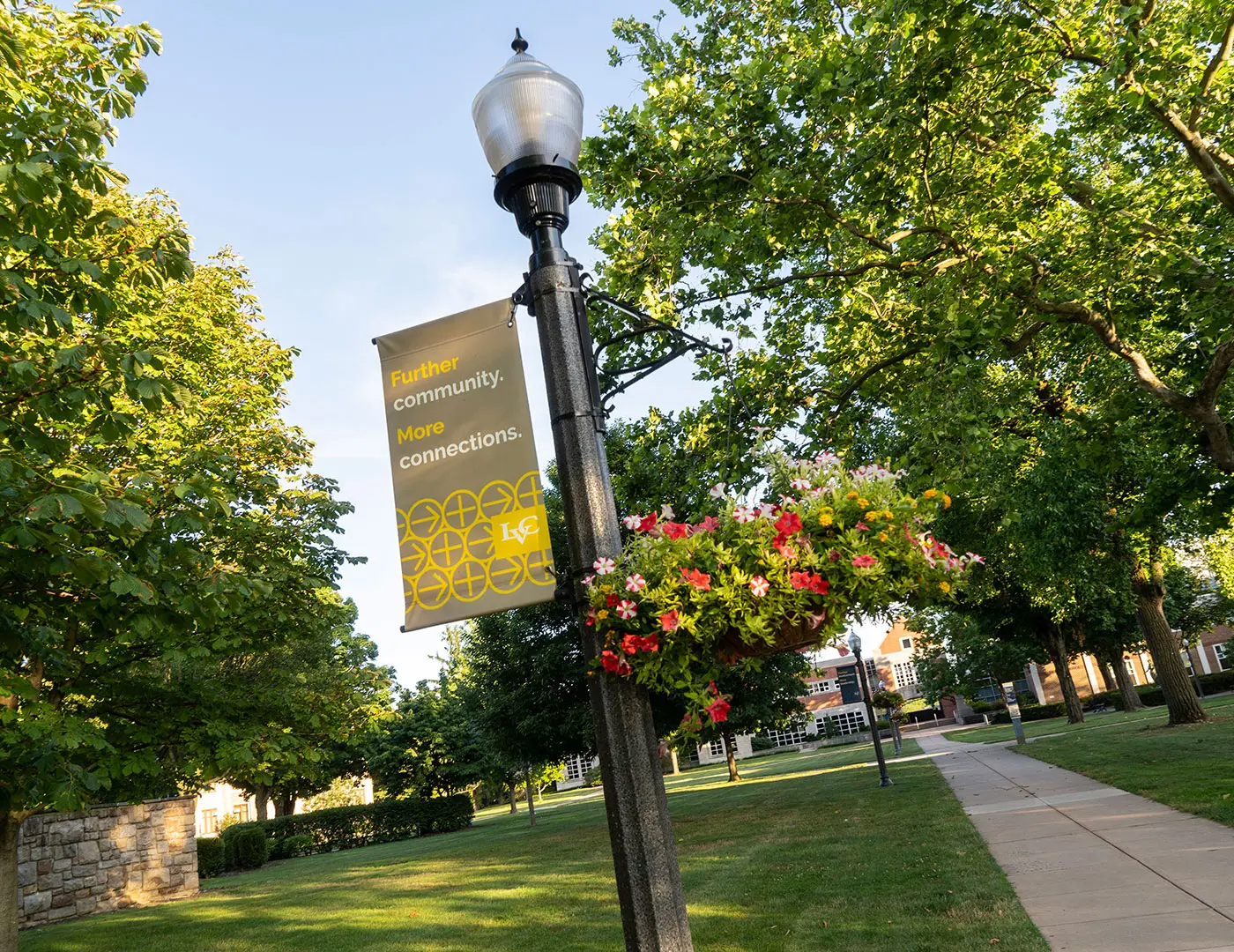 Lamp post with LVC-branded sign on campus